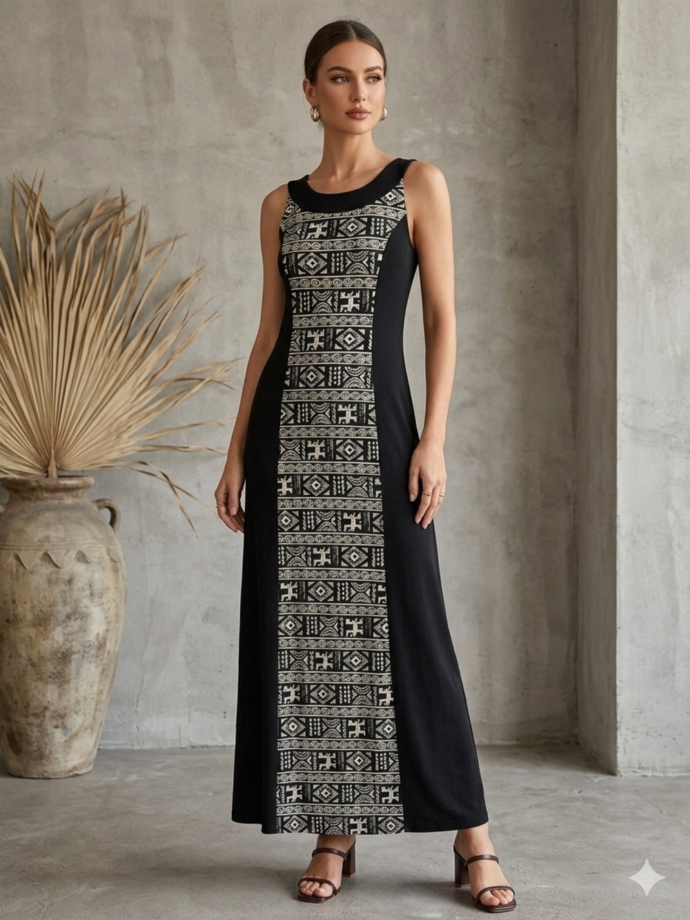 AB Studio Black Maxi Dress with Ivory Geometric Panel